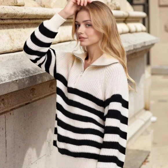 Women's Stripe Sweater Half Turtleneck Zipper Long Sleeve Knit Striped White - Picture 5 of 7
